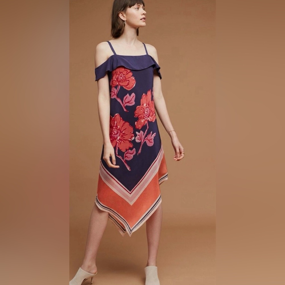 Anthropologie Moulinette Soeurs Tilda Silk Dress, navy and pink, size XL